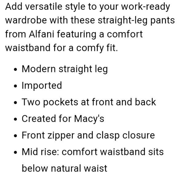 Alfani Essencial  Streight Leg dress pants careerwear 10 NWT - Picture 12 of 14